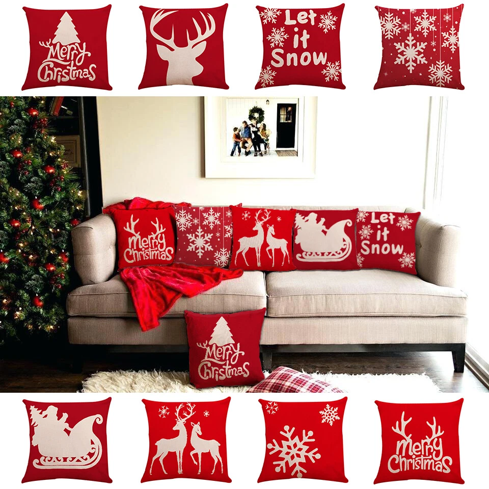 Cushion Pillow Cover Case Christmas Decor Snowflake Reindeer Santa Sleigh Linen - Image 1 of 1