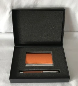 ORANGE Quality Business Card Holder & Pen Gift Set in Black Cardboard Box - Picture 1 of 11