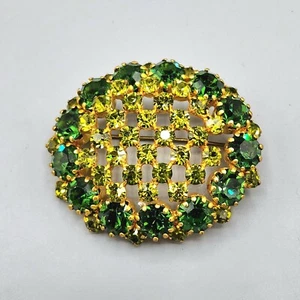 Vintage Austria Signed Two Tone Green Olivine Crystal Oval Dome Brooch - Picture 1 of 10