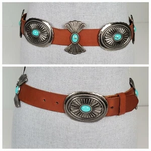 WOMENS Size XL 36.5"-41.5" Western Style Heavy Turquoise Concho Belt Leather - Picture 1 of 10