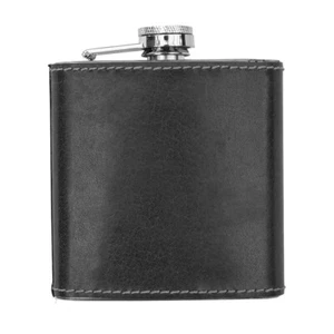 6oz Hip Flask in Genuine Real Leather Wrap in Black, Valentine Gift Idea - Picture 1 of 2