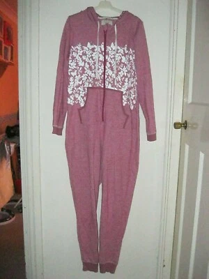 LADIES NEXT NIGHTWEAR LONG SLEEVED PINK MARL HOODED CATSUIT. Size M.  - Image 1 of 4