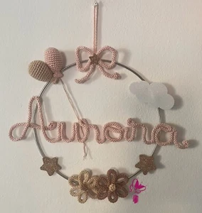 Fiocco nascita personalizzabile rosa, fatto a mano, palloncini, tricotin, fiori - Imagen 1 de 4