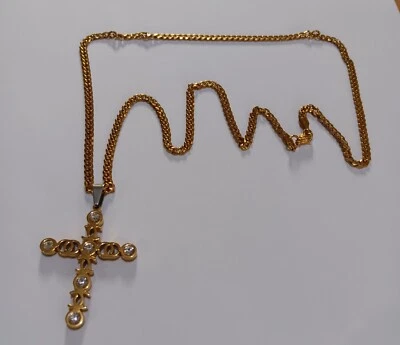 Stainless Steel Gold Plated CZ Cross Pendant Necklace with 24" Chain - Image 1 of 4