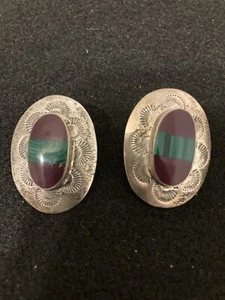 Vintage Taxco Sterlingsilber Malachit Sugilit Ohrringe lila und grün  - Bild 1 von 5