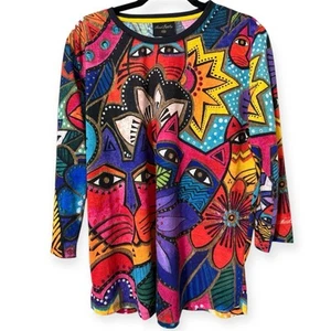 Laurel Burch 2015 multicolor abstract cat art women’s size xxl 3/4 sleeve blouse - Picture 1 of 11