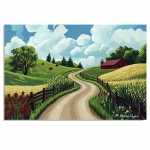 Country Road with Red Barn and Green Hills Flat Rolled, Framed or Wrapped Canvas - Picture 1 of 19