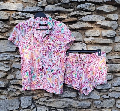 Conjunto de Pijama Lauren Ralph Lauren Mediano Rosa Naranja Amarillo Floral Paisley Pantalones Cortos Foto 1 de 4