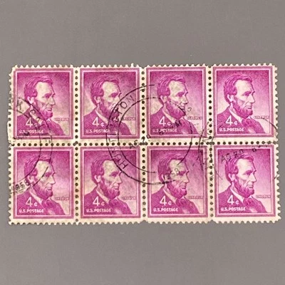 US Stamp 1954 Abraham Lincoln 4 Cent Used Block of 8 Purple Huntington 58 Cancel - Image 1 of 2