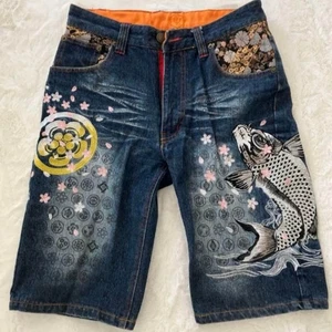 Kacho Fugetsu Men's Denim Jeans Half Pants Koi Sakura Embroidered Blue Size 30 - Picture 1 of 7