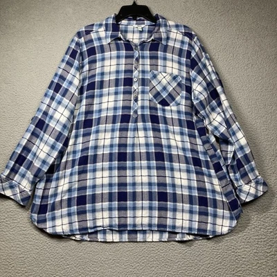 Blusa Sonoma Flanela Feminina Plus 2X X Xadrez Azul Popover Rolo Aba Mangas Compridas - Imagem 1 de 4