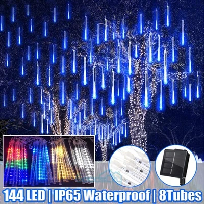 8 Tubos 144 LED luces solares de cadena de lluvia de lluvia de meteoros Navidad - Image 1 of 4