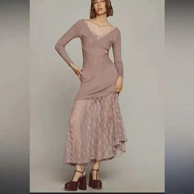 Anthropologie Maxi Sweater Dress Lace Twofer V-neck Mauve Purple-2X - Image 1 of 4