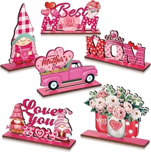 6 Pcs Mother's Day Wooden Centerpieces Table Decoration 6 mainly red and pink - Picture 1 of 6