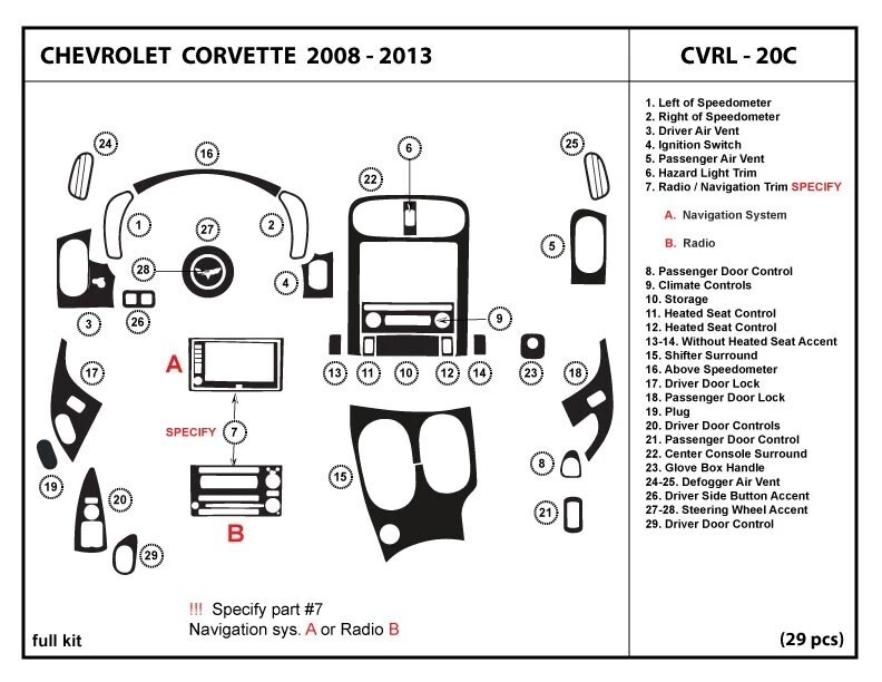 Kit de molduras de tablero de fibra de carbono real interior para Chevrolet Corvette 2008-2013 Foto 1 de 1