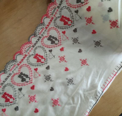 3.5y 8" w Satin Cream Fabric/Embroidered Red/Grey Love Kiss Heart Pattern b0335 - Image 1 of 3