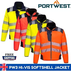 PORTWEST HI ViS Viz Softshell Jacket - PW3 Waterproof Breathable Work Coat T402 - Picture 1 of 15