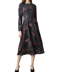 Hobbs Chloe Black Floral Print Long Sleeve Midi Dress Fully Lined Size 6 Excelle - Picture 1 of 8