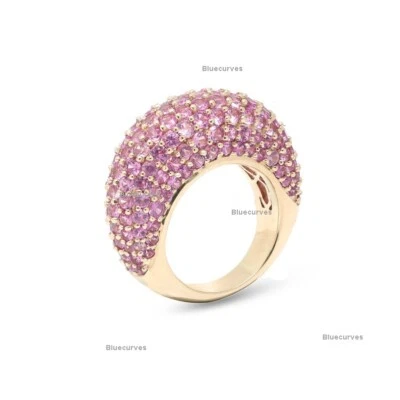 Anillo grueso grande de zafiro rosa natural tachonado anillo cúpula de oro amarillo macizo de 14 k Foto 1 de 4