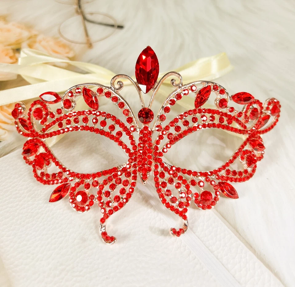 Red Butterfly Masquerade Ball Mask, Wedding Party Gold Eye Mask, Venetian Mask - Image 1 of 4