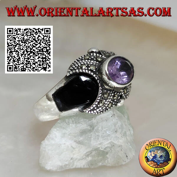 Anello in Argento 925‰ ametista naturale su croce di marcassite e onice ai lati - Immagine 1 di 1
