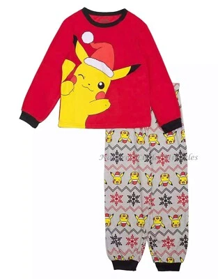 Pokemon Christmas Pajamas Boy Size 6 8 10 12 Set Holiday Pikachu Shirt Pant Girl - Image 1 of 4