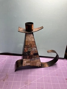 Eilon Mosaics Hammered Copper Shabbatt Candle Stick 7 inch tall - Picture 1 of 5