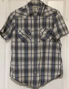 Urban Up Sz S Mens Shirt Plaid Blue White Tan Snap Western Ranch Rockabilly - Picture 1 of 5