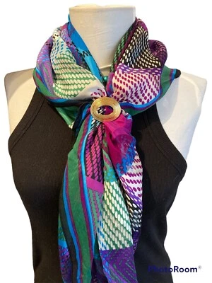 De colección Geométrico Hiroko Kapp Seda Bufanda Chal Envoltura 34" Cuadrado Azul/Púrpura Japón Foto 1 de 4