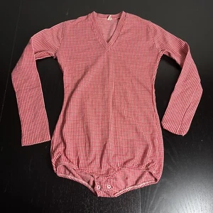 Vintage 60s/70s Womens XS Red Gingham Print V-Neck Bodysuit Polyester/Nylon - Picture 1 of 8