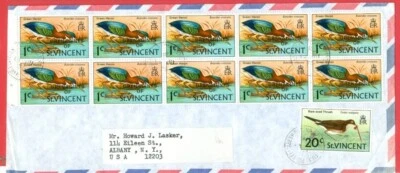 St Vincent Bird 1c bloco de 10 + 20c usado na capa para EUA - Imagem 1 de 2