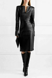 Black Women's Genuine Soft Lambskin Leather Dress Stylish Handmade Casual Party - Picture 1 of 6