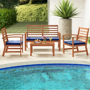4 PCS Outdoor Furniture Set w/ Soft Seat Cushions Stable Acacia Wood Frame Navy - Picture 1 of 8