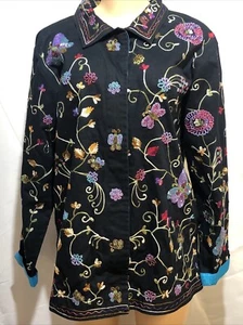NWT Quacker Factory Blue Women’s Large Butterfly Beaded Hidden Button Jacket - Picture 1 of 11