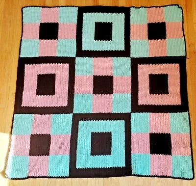 Handmade Crochet Colorblock Afghan Blanket Pink Green Black Vintage 1990's - Image 1 of 4