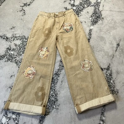 Pol Pants Womens Size Large Mosswood Floral Patchwork Sand Wide Leg Relaxed - Image 1 of 4