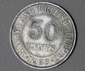 * MALAYA AND BRITISH BORNEO  50 CENTS 1958 CIRCULATED COIN #WFJ50 - Picture 1 of 8
