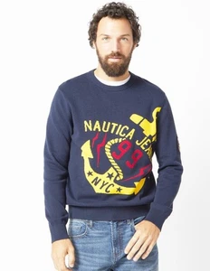 Nautica Jeans Mens L Intarsia Sweater Crew Neck Pullover Top Long Sleeve NWT$128 - Picture 1 of 4