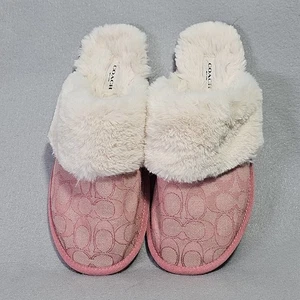 Coach Ziva Pink Jacquard Faux Fur Slippers, Size 9B - Picture 1 of 5