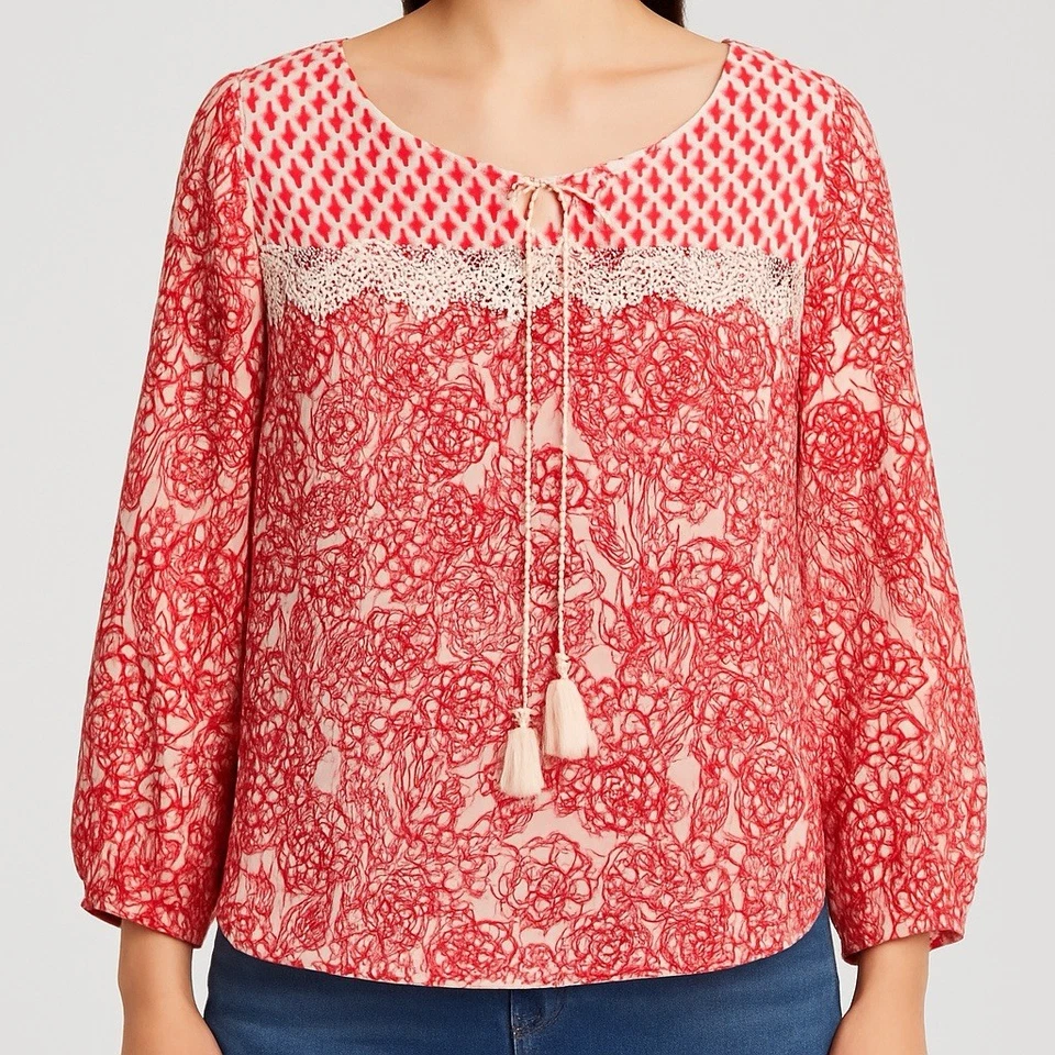 Blusa Campesina Boho Floral New Directions Rojo Blanco Borla Encaje Ribete L Foto 1 de 4