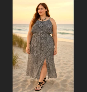 Torrid schwarz weiß Ikat hochgeschlossen Tank Rüschen Chiffon Schlitz Maxikleid 1x 14 16 - Bild 1 von 23