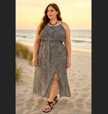 Torrid Maxi Dress 1X 14 16 Black Ikat Chiffon High Neck Tank Ruffle Slit Lined - Image 1 of 4