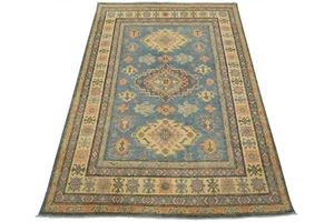 Kazak Rug 5′ x 6’9” Blue Wool Tribal Geometric Hand-Knotted Oriental Carpet - Picture 1 of 13