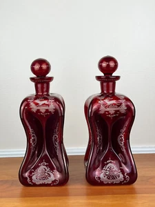 Pair (2) Bohemian RUBY CUT TO CLEAR Hand-Blown Pinch 10 ¼” Decanters - Picture 1 of 23