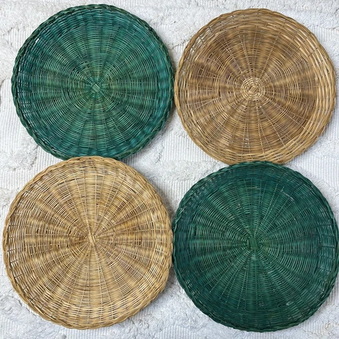 Vintage Set of 4 Tan Green Bamboo Wicker Plate Paper Flat Tray Baskets Wall Art Cover