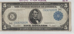 1914$5 dollar bill blue seal Federal Reserve Note - Picture 1 of 3