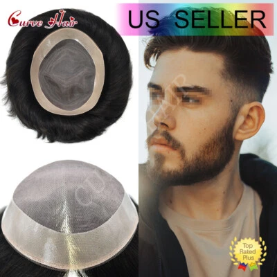 Mens Toupee Human Hair Replacement System Durable Fine Mono Lace Poly Hairpiece - Image 1 of 4