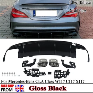 FOR MERCEDES CLA W117/C117/X117 CLA45 STYLE REAR DIFFUSER+TAILPIPES GLOSS BLACK - Picture 1 of 12