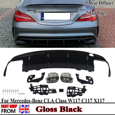 FOR MERCEDES CLA W117/C117/X117 CLA45 STYLE REAR DIFFUSER+TAILPIPES GLOSS BLACK