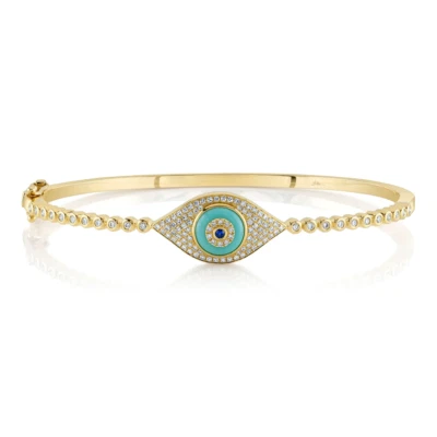 14K Gold Diamond Turquoise Sapphire Eye Bangle Bracelet Natural - Image 1 of 3
